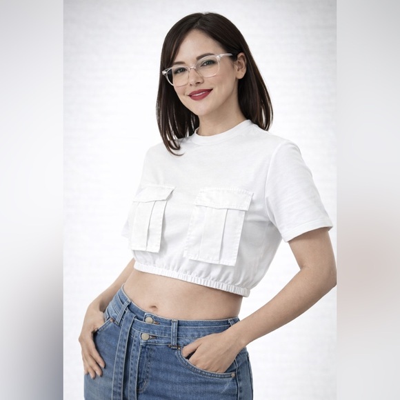 Women’s Ultra Short Cargo Crop Top with Round Neck and Pocket - Casual - Picture 4 of 14